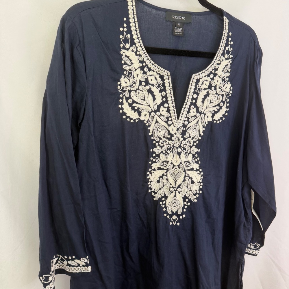 Karen Kane‎ Embroidered Tunic Top Navy Blue 0X NWT Luxury Boho Chic $158 - Picture 6 of 9